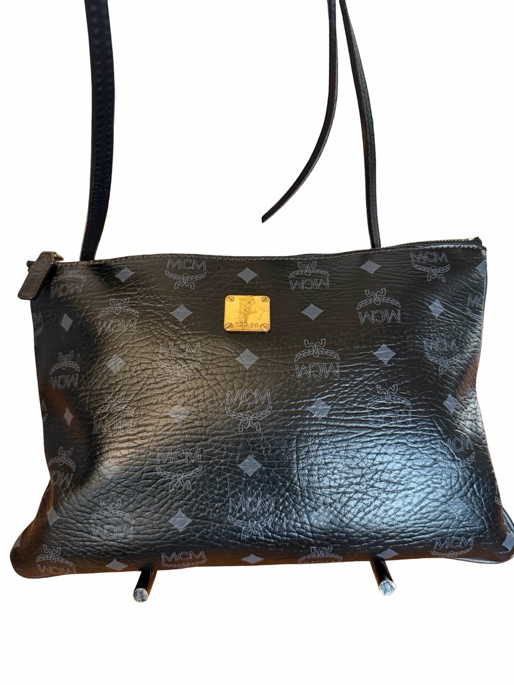 Authentic MCM Black Monogram Leather Crossbody with Gold Plaque